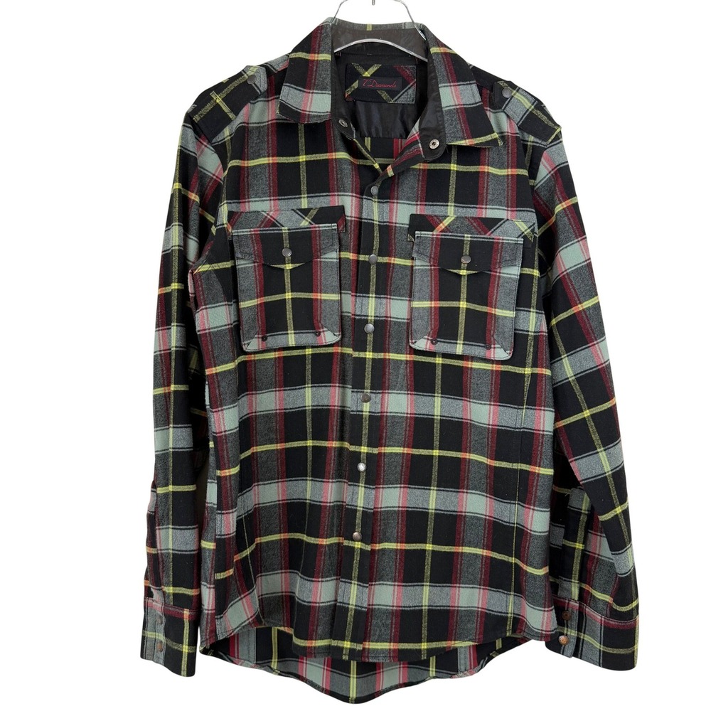 7 Diamonds Plaid FLANNEL Snap Front Utility Shirt Black Red Epaulettes MEN Large